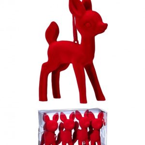 5" PLSTC FLOCKED RETRO DEER ORNAMENT  RED