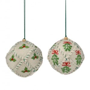 5" HLY/MISELTOE EMB FELT BALL ORNAMENT 2/AST