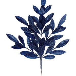 23"L Glitter bay Leaf Navy Blue Spray