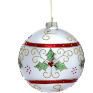 6 inch Matte Glass Holly Scroll Ball Ornament